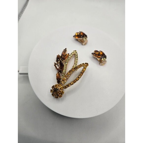 Vintage Brooch 2.5" and Clip Earrings 1940s Golden Citron and Brown Rhinestones - Picture 3 of 7